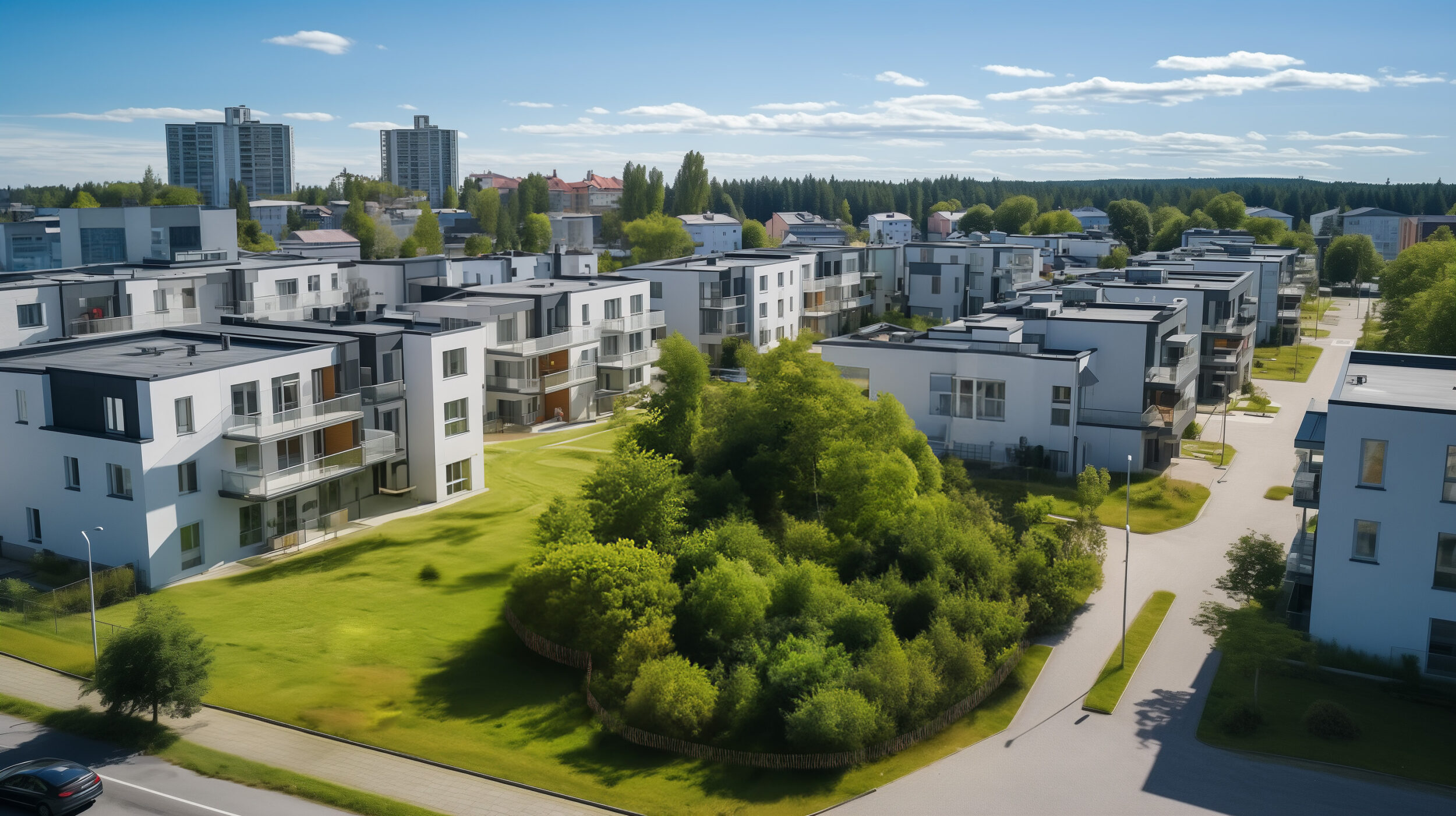 Aerial view of a housing estate with a small dense forest between the buildings