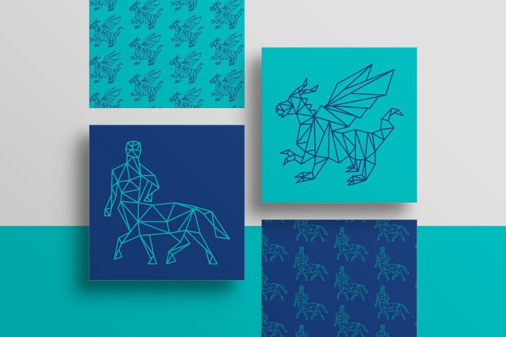 42 Warsaw geometric line illustrations of a centaur and a dragon, with patterns