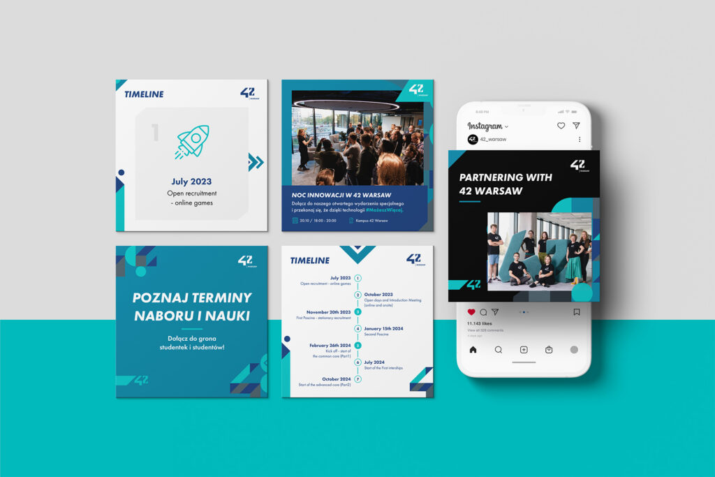 42 Warsaw Instagram posts and a phone showing the profile