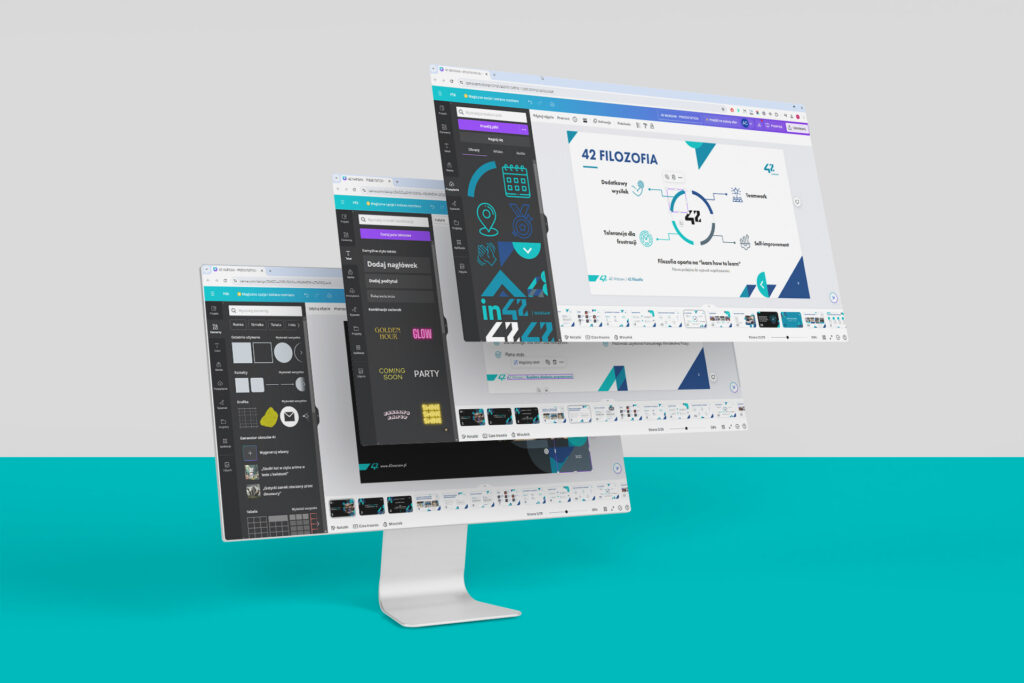 42 Warsaw presentation slides on a monitor, made in Canva