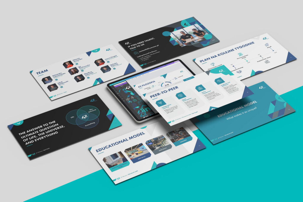 42 Warsaw presentation slides laid out on a teal background