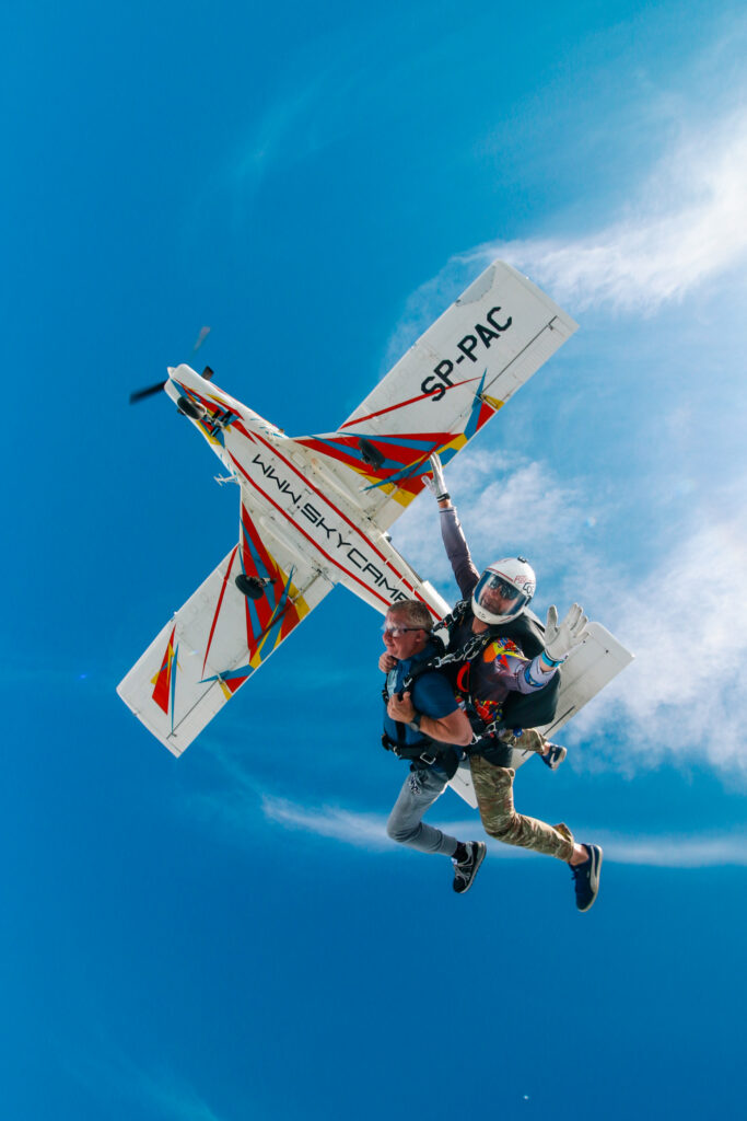 Tandem skydivers leaving the plane