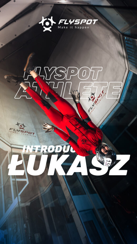 Flyspot Athlete poster introducing Łukasz, flying in the wind tunnel