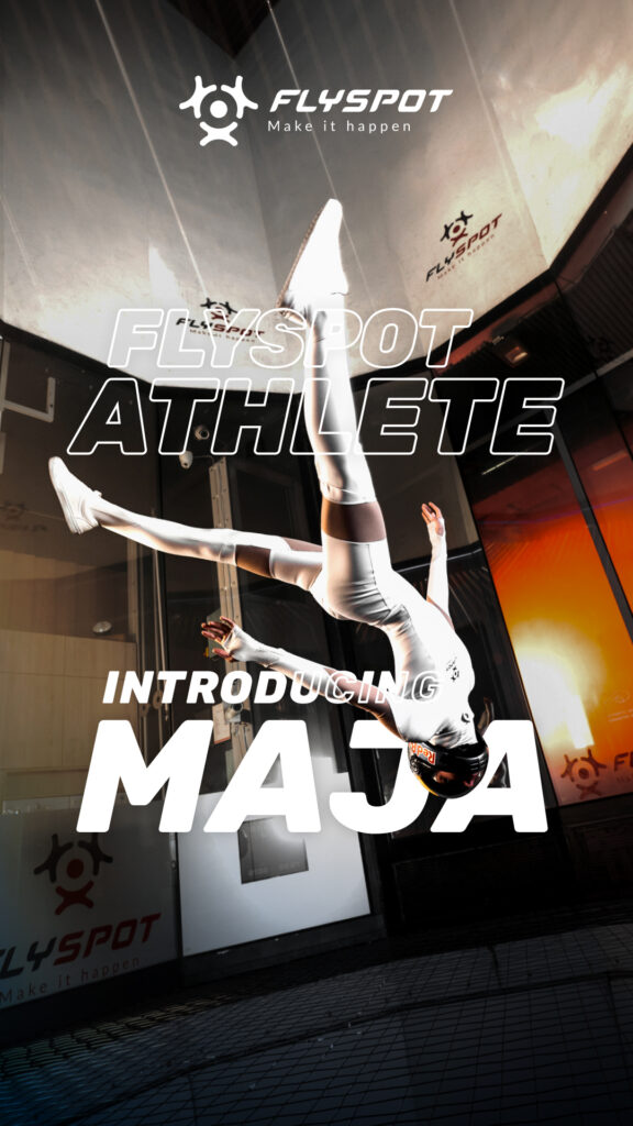 Flyspot Athlete poster introducing Maja, flying in the wind tunnel