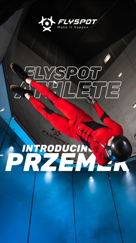 Flyspot Athlete poster introducing Przemek, flying in the wind tunnel