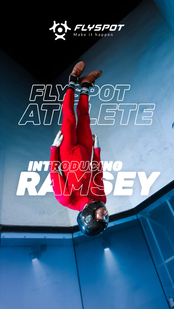 Flyspot Athlete poster introducing Ramsey, flying in the wind tunnel