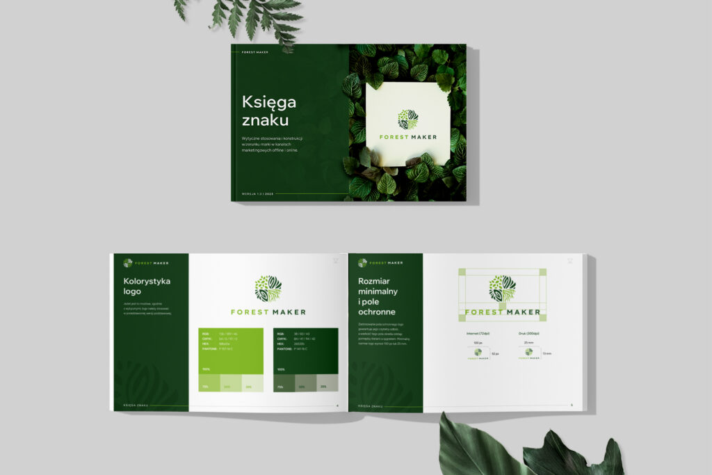 Forest Maker brand book pages with logo and colour palette