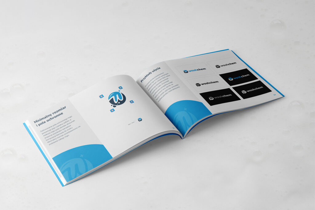 Washchem brand book open on the logo pages