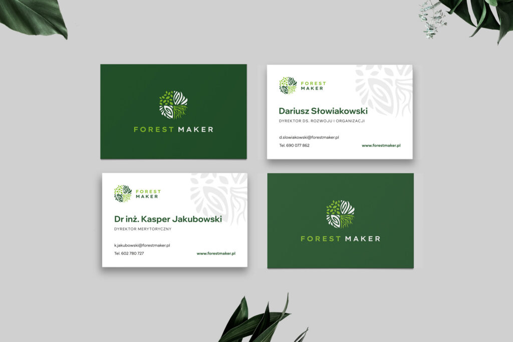 Forest Maker business cards in green and white
