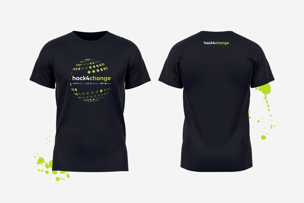 Black hack4change T-shirt, front and back