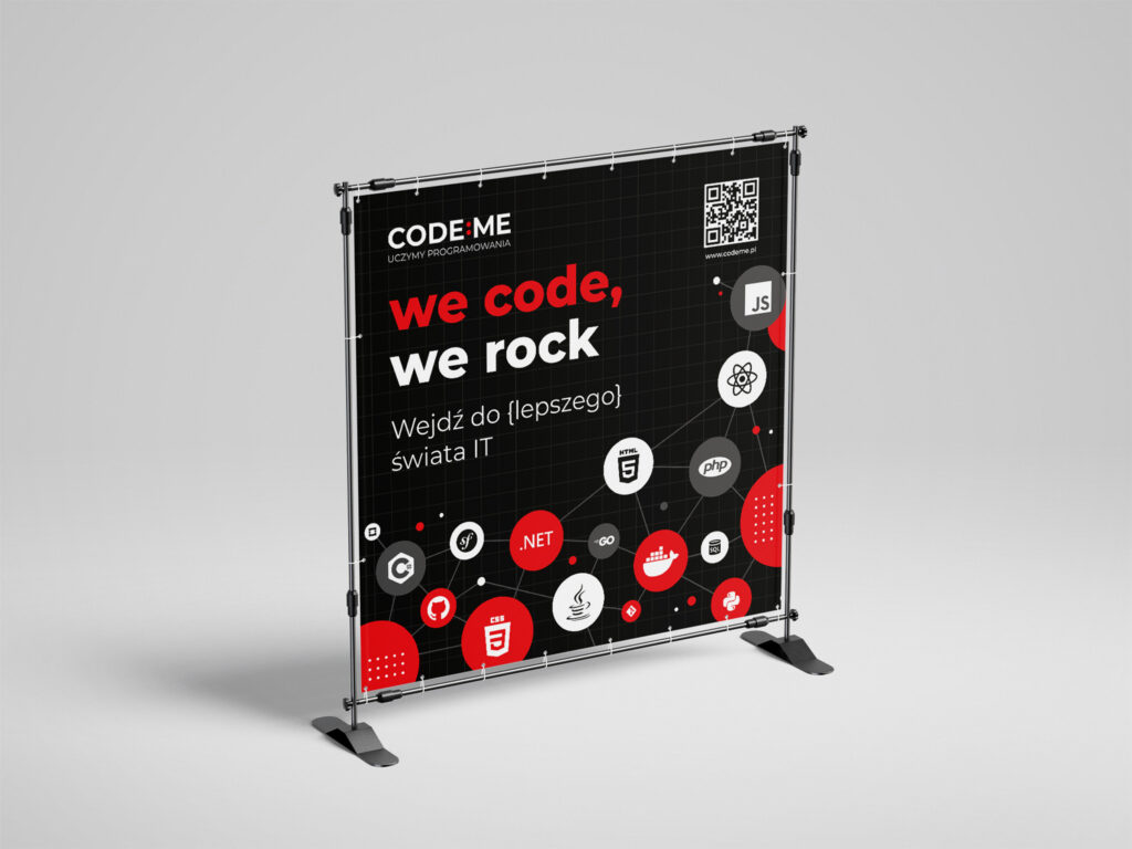 CODE:ME "we code, we rock" banner on a frame
