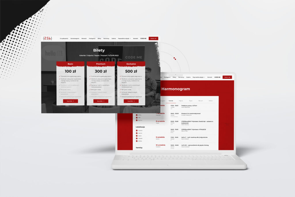 CODE:ME pricing and schedule pages floating above a laptop