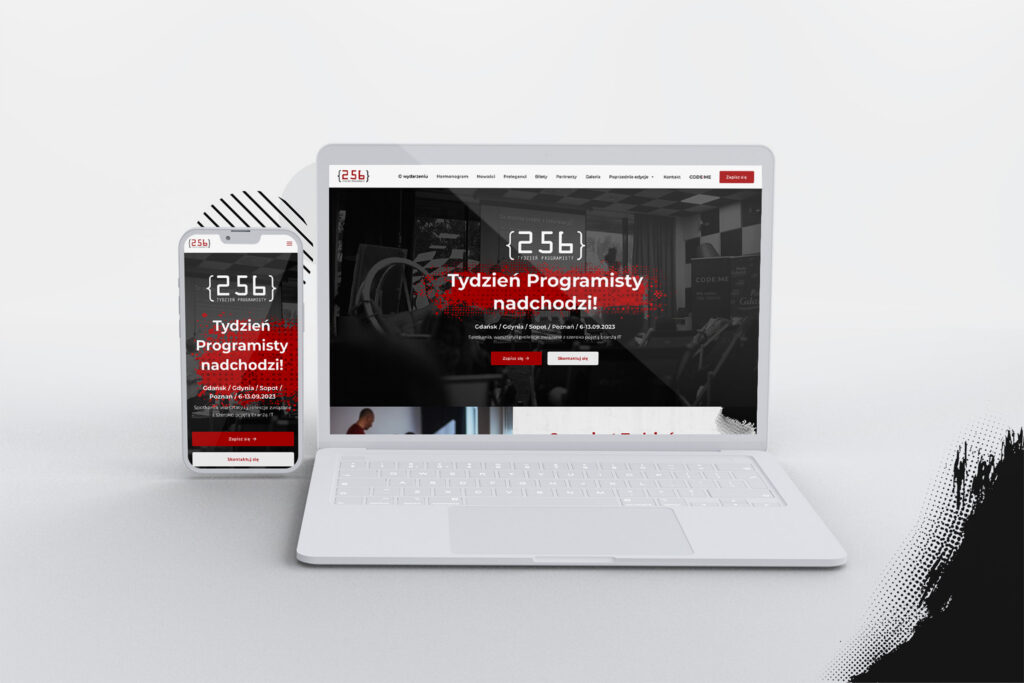 CODE:ME "Tydzień Programisty" event page on a laptop and a smartphone