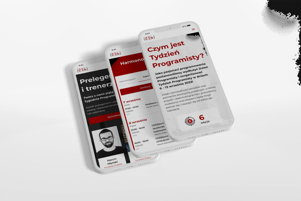 CODE:ME "Tydzień Programisty" mobile pages on smartphones