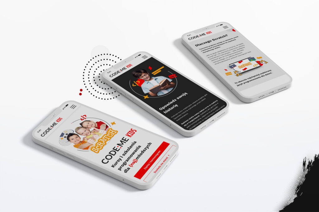 CODE:ME mobile pages on three smartphones