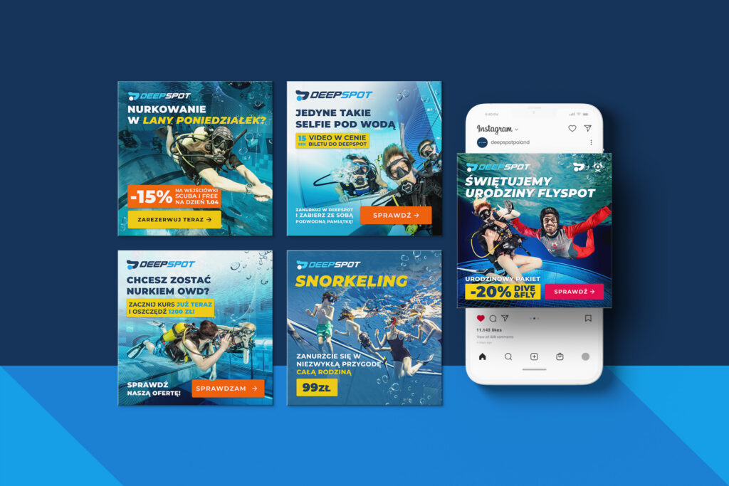 Deepspot Instagram posts with diving offers and a phone showing the profile