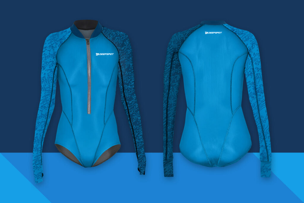 Blue Deepspot wetsuit, front and back