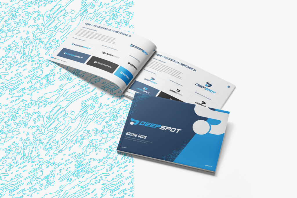 Deepspot brand book with a blue water pattern