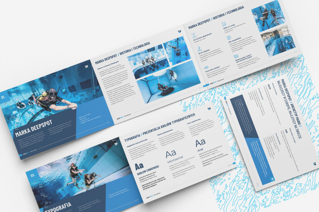 Deepspot brand book spreads with typography and diving photos