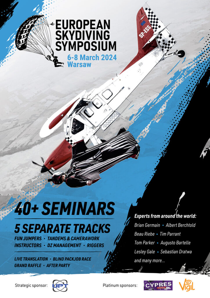 European Skydiving Symposium 2024 poster with a plane and skydivers