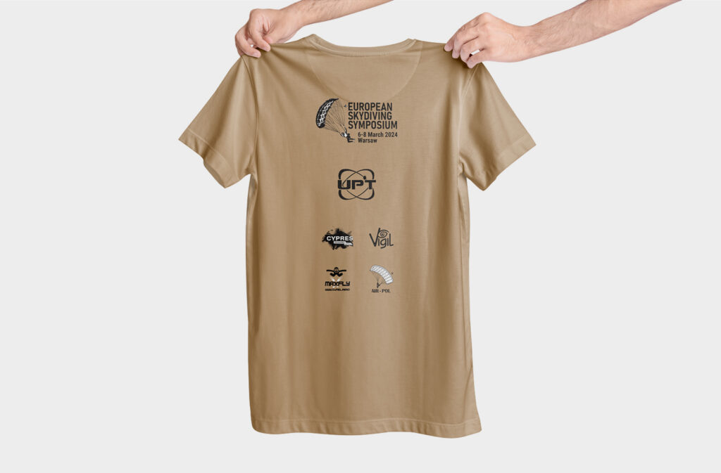 Beige European Skydiving Symposium T-shirt, back with sponsor logos