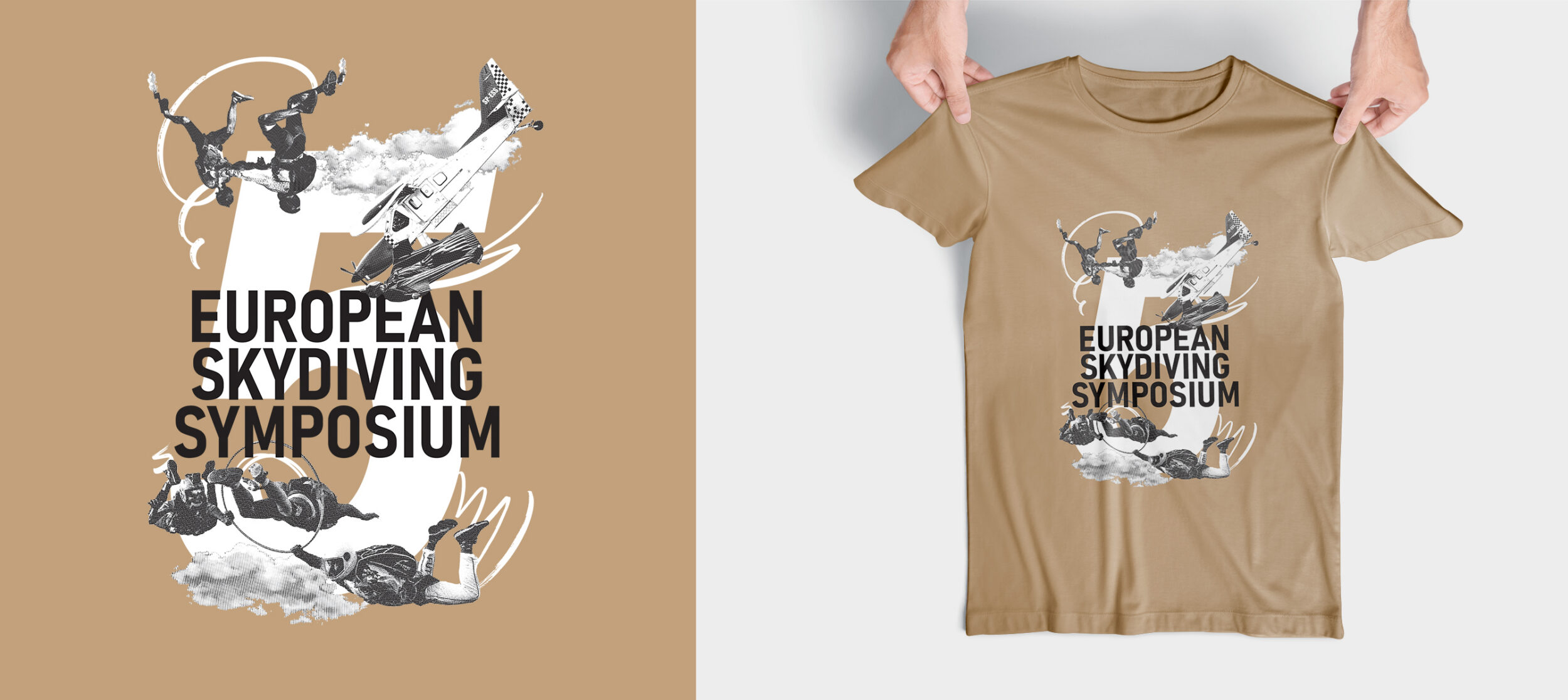 European Skydiving Symposium T-shirt print and the beige T-shirt, front
