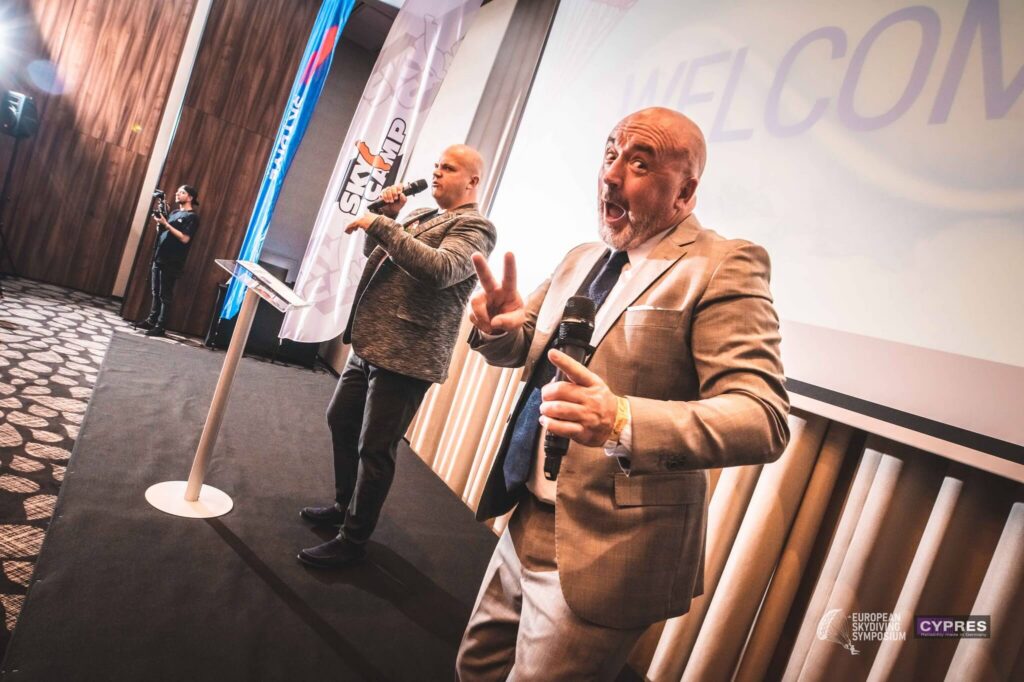 Two speakers on the European Skydiving Symposium stage