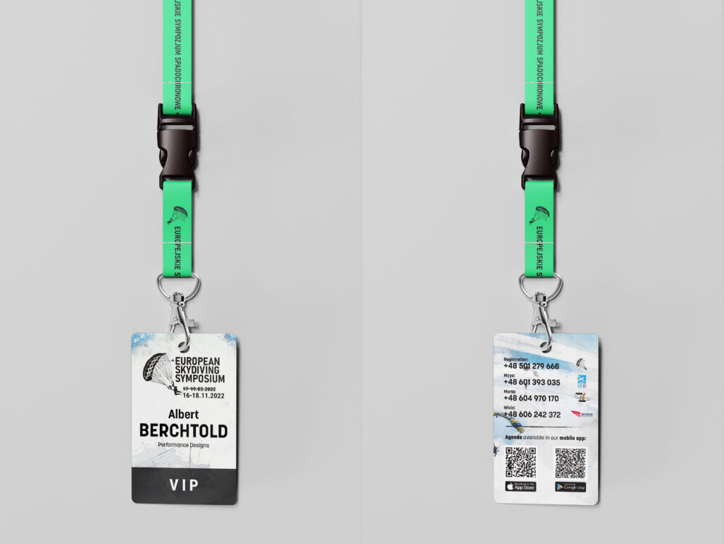European Skydiving Symposium badges on green lanyards, front and back