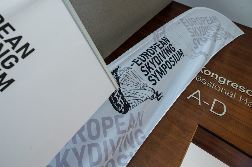 European Skydiving Symposium printed signage at the venue