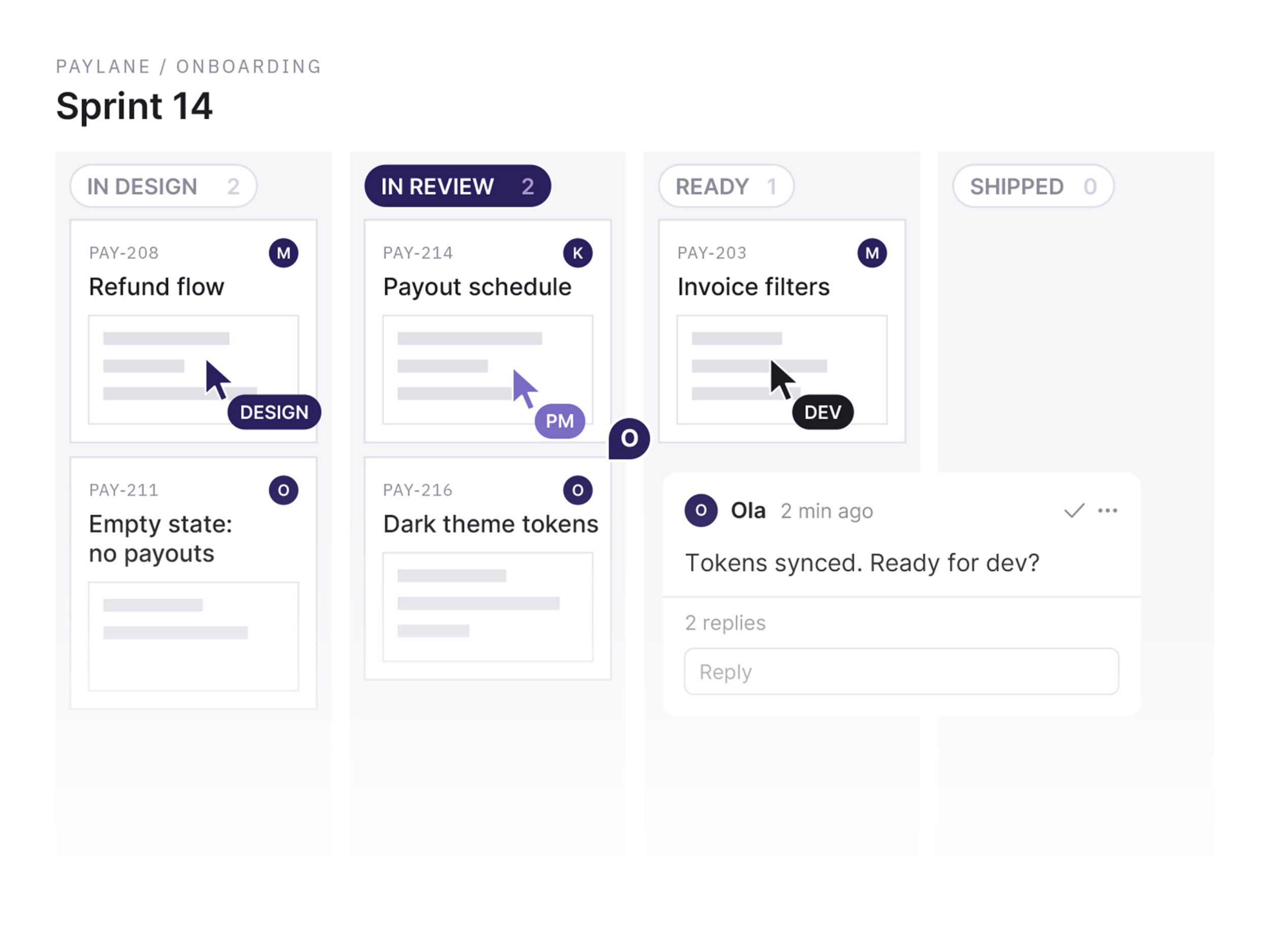Sprint board with design, review and ready columns, and a teammate's comment: tokens synced, ready for dev
