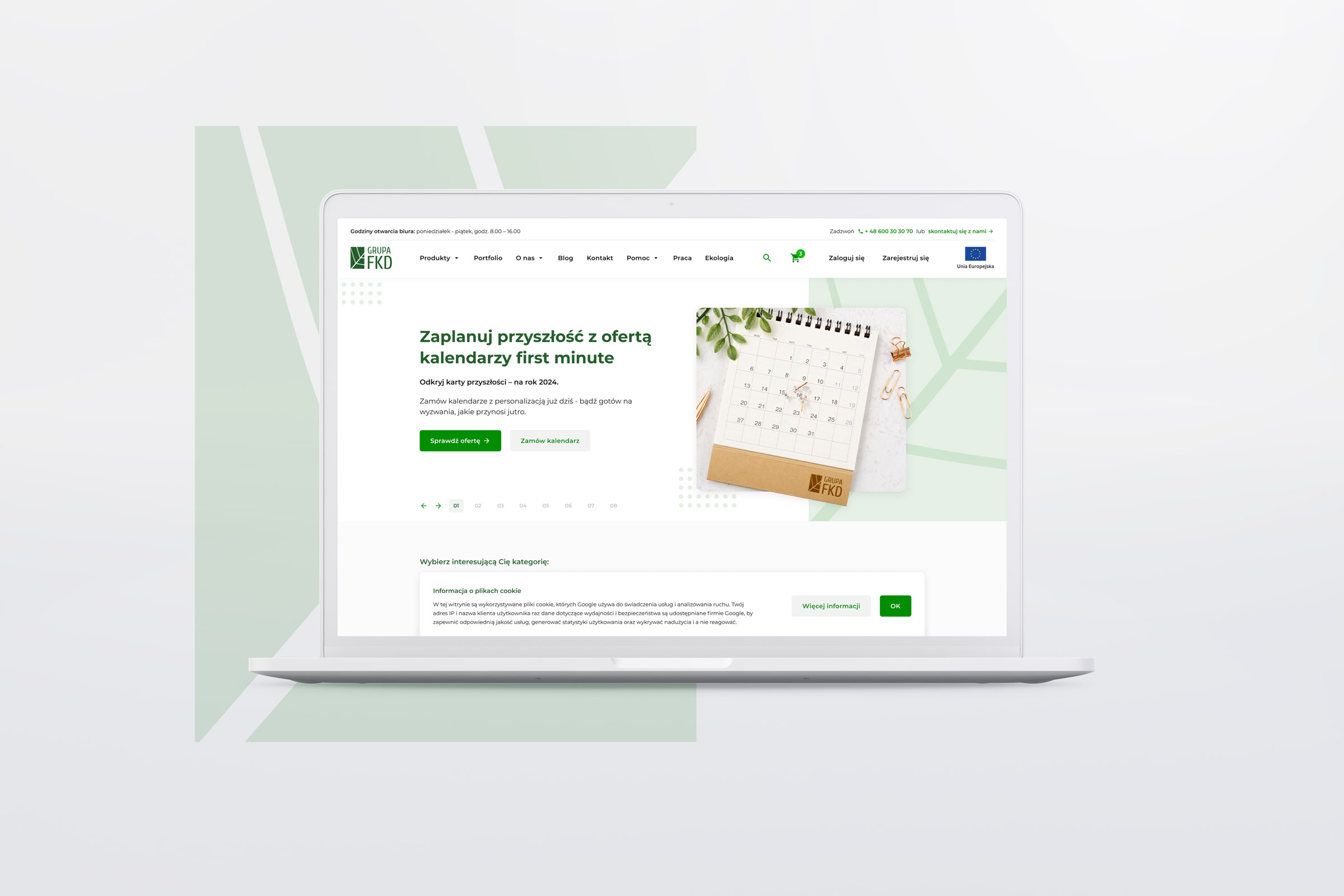 FKD home page on a laptop, featuring a printed eco calendar