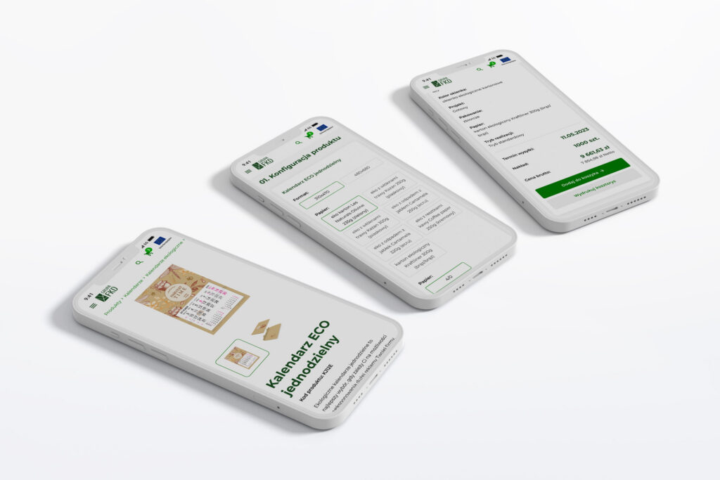 FKD mobile product pages on three smartphones lying flat