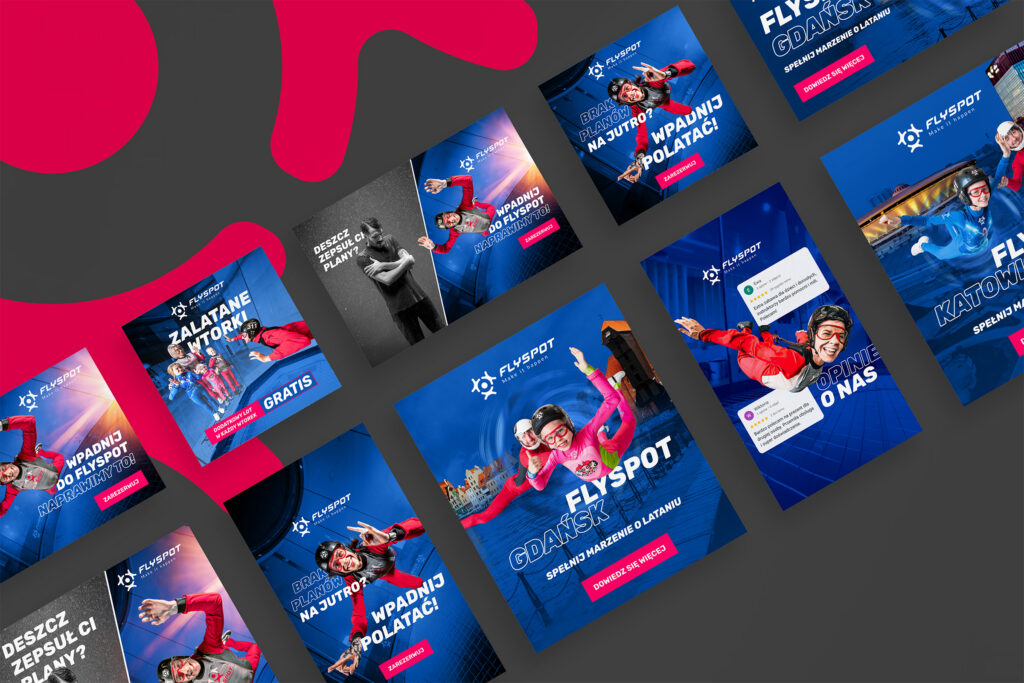 Flyspot social media ads in blue and red, laid out on a grid