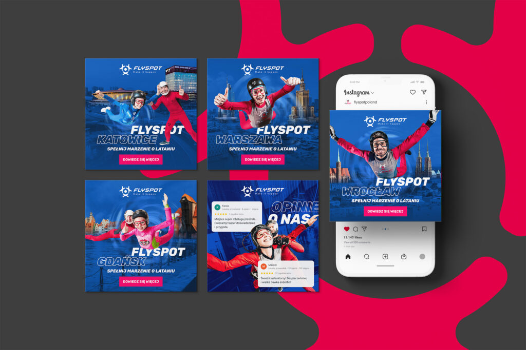 Flyspot Instagram posts and a phone with the Flyspot profile
