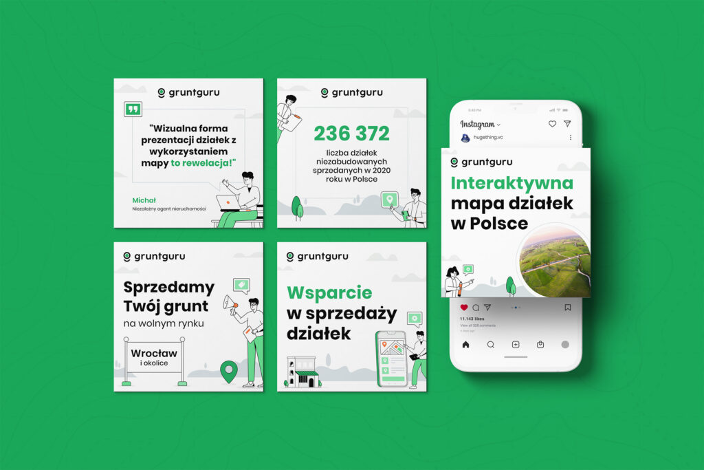 Grunt Guru Instagram posts in Polish and a phone with the interactive land plot map