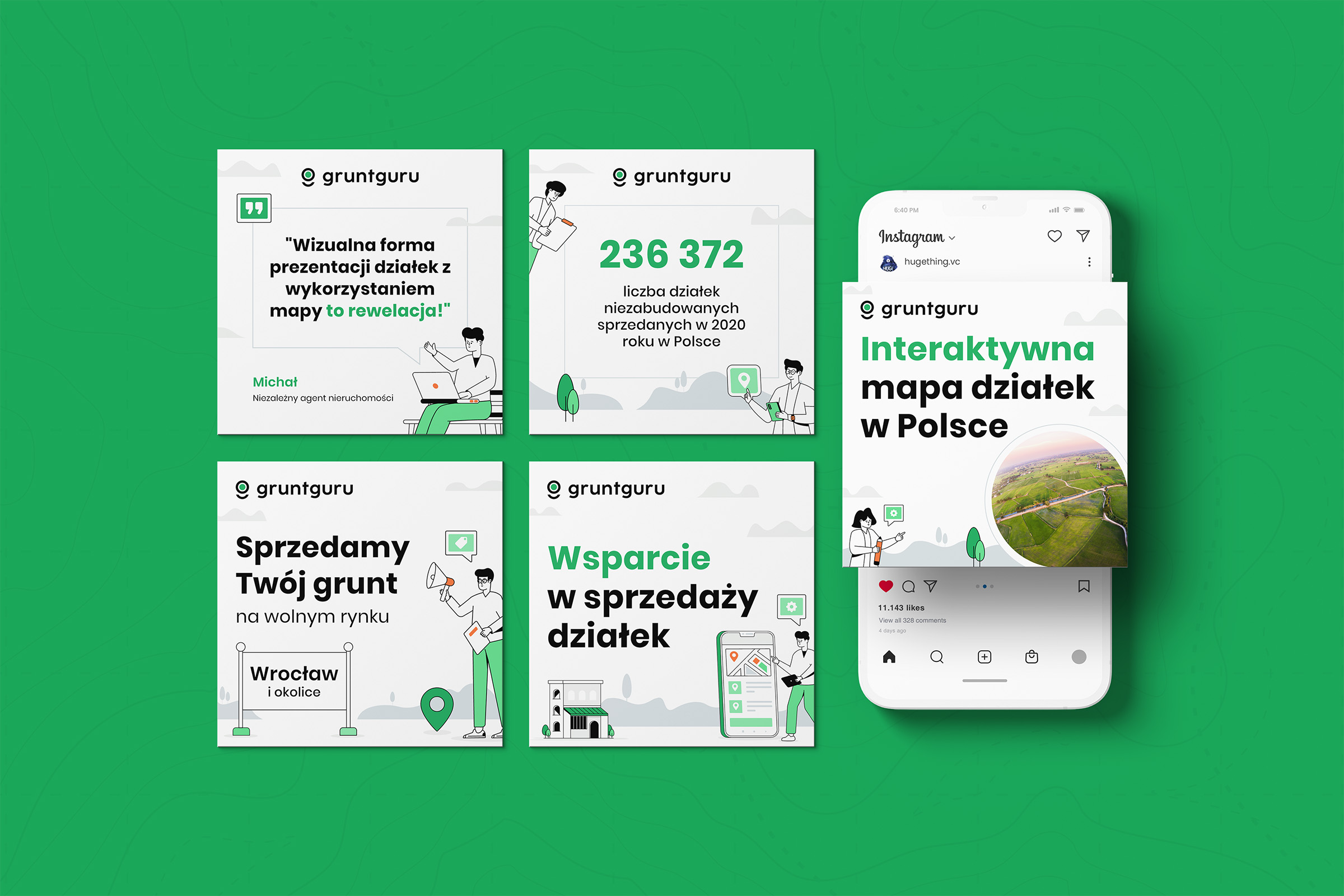Grunt Guru Instagram posts in Polish and a phone with the interactive land plot map