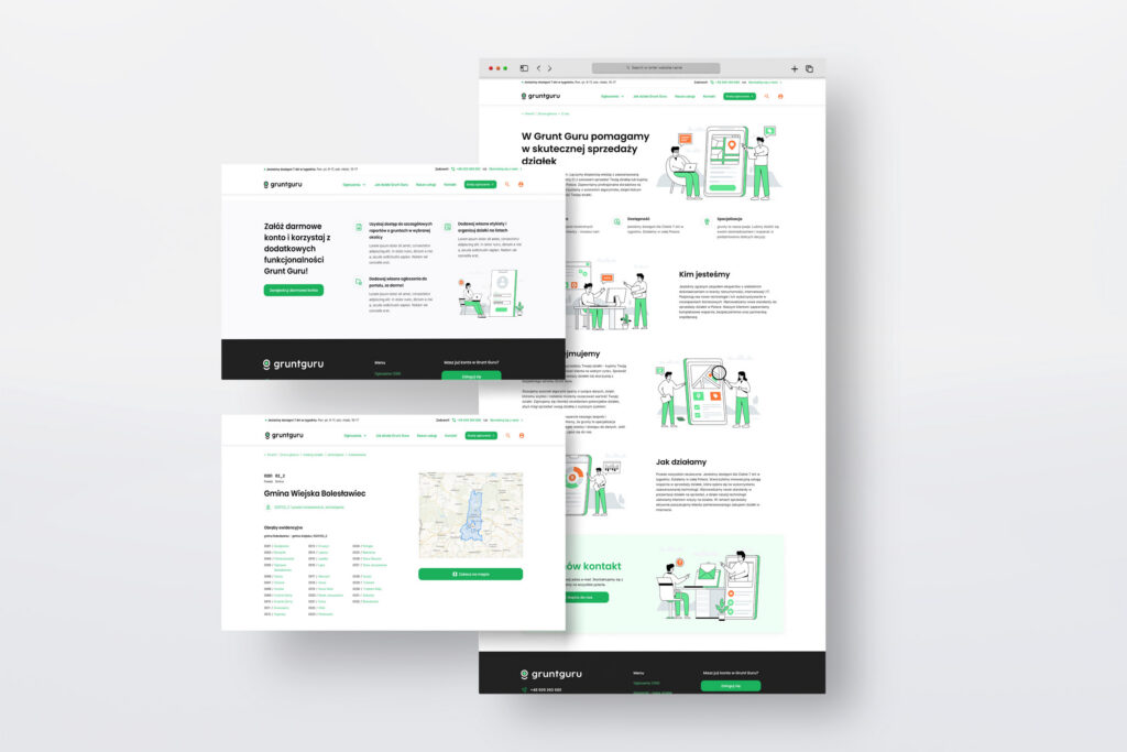 Grunt Guru website pages with green line illustrations