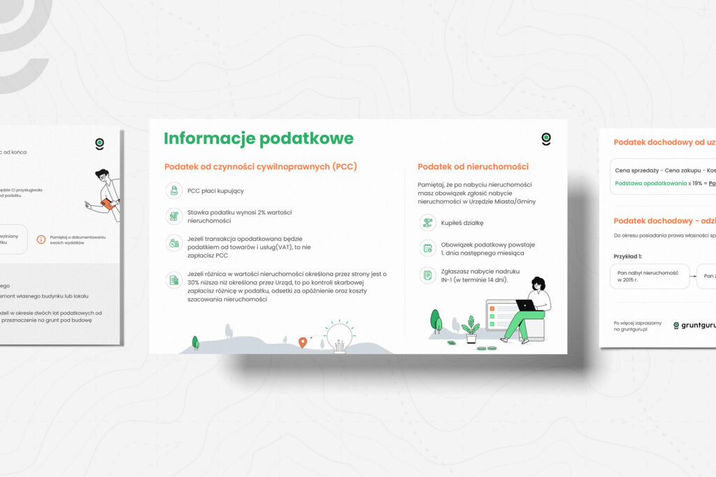 Grunt Guru information boards about property tax, in Polish