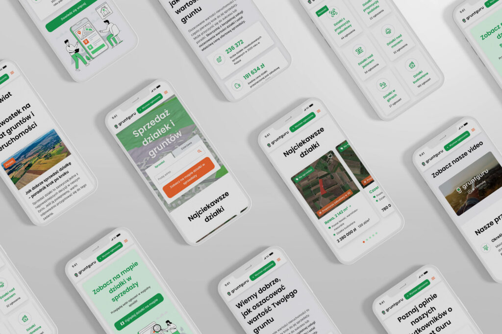 Grunt Guru mobile pages in a tilted grid