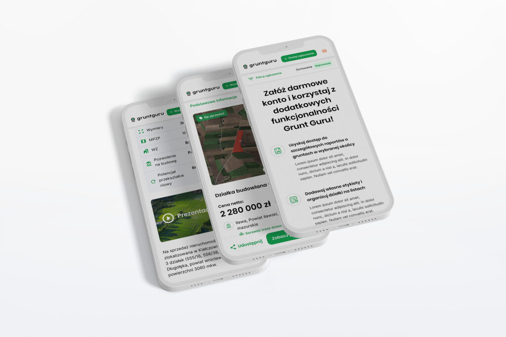 Grunt Guru plot listing pages on three smartphones