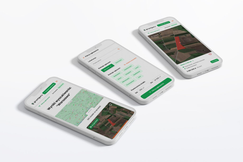 Grunt Guru map and listing pages on three smartphones