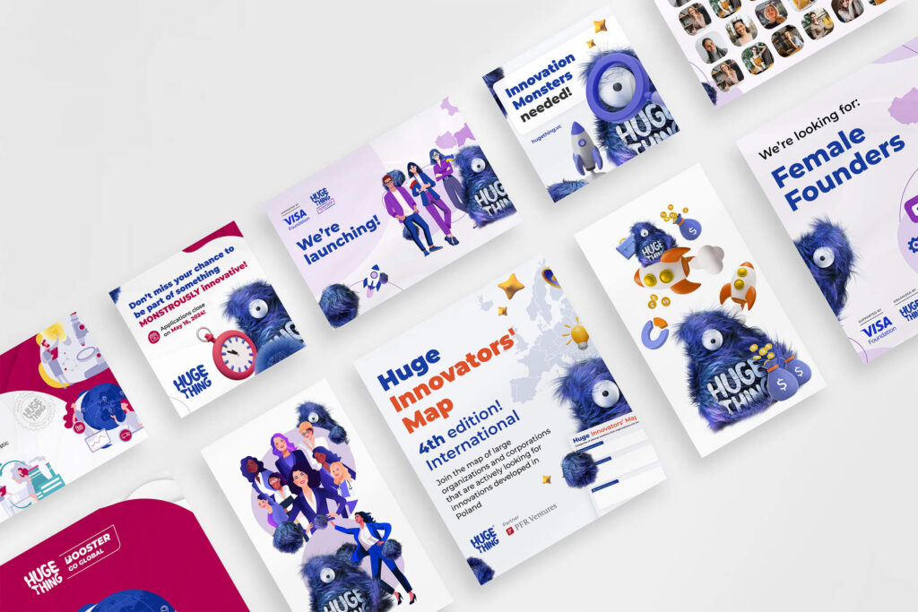 Huge Thing social media ads with blue monster illustrations