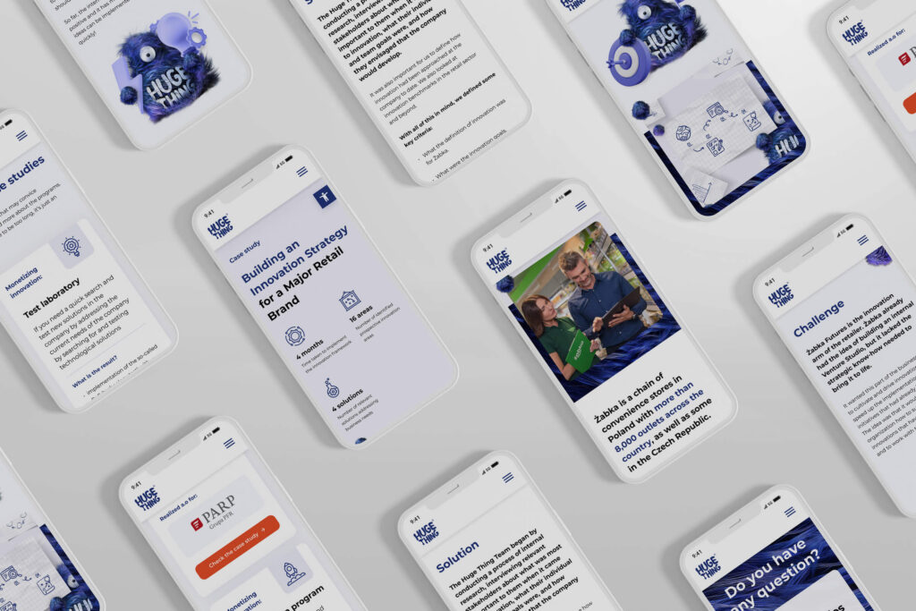 Huge Thing mobile website pages in a tilted grid