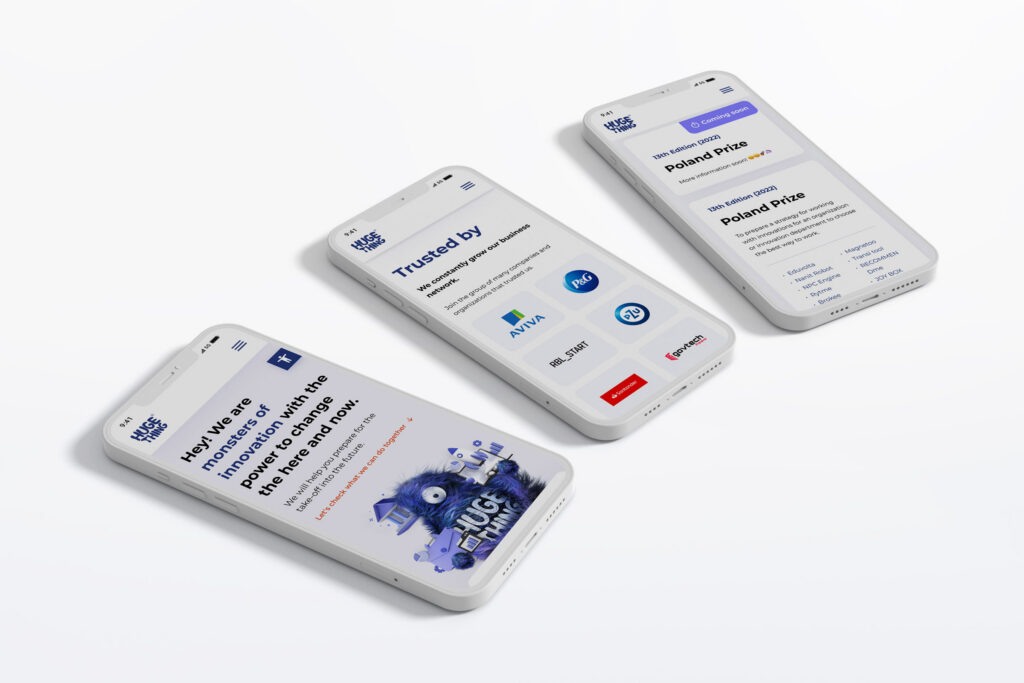 Huge Thing mobile pages on three smartphones