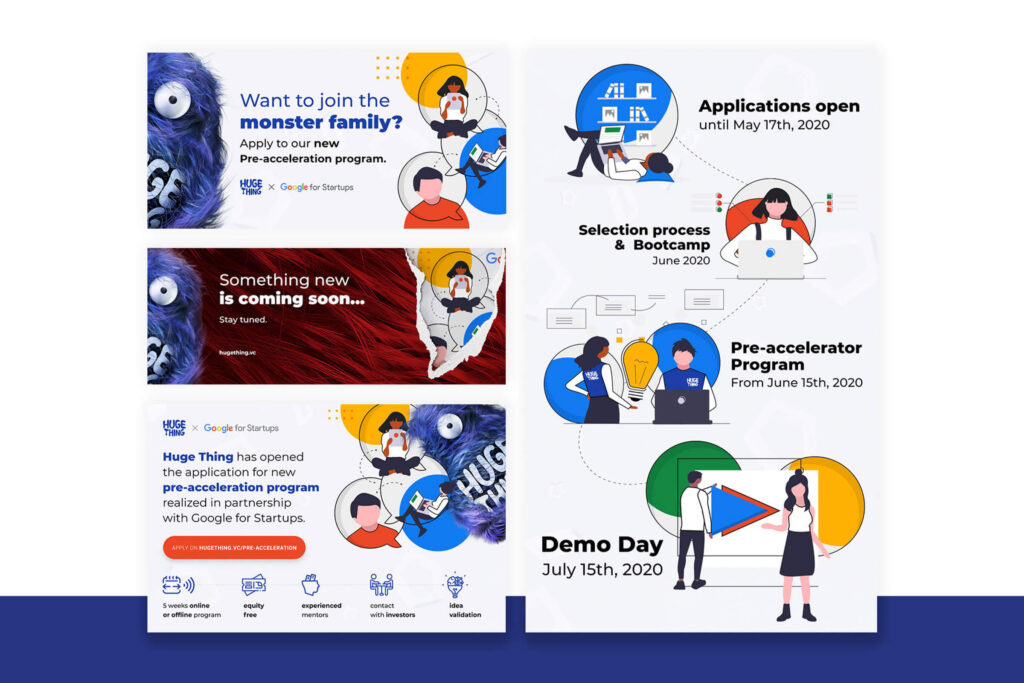 Huge Thing social media graphics announcing the pre-accelerator program and demo day