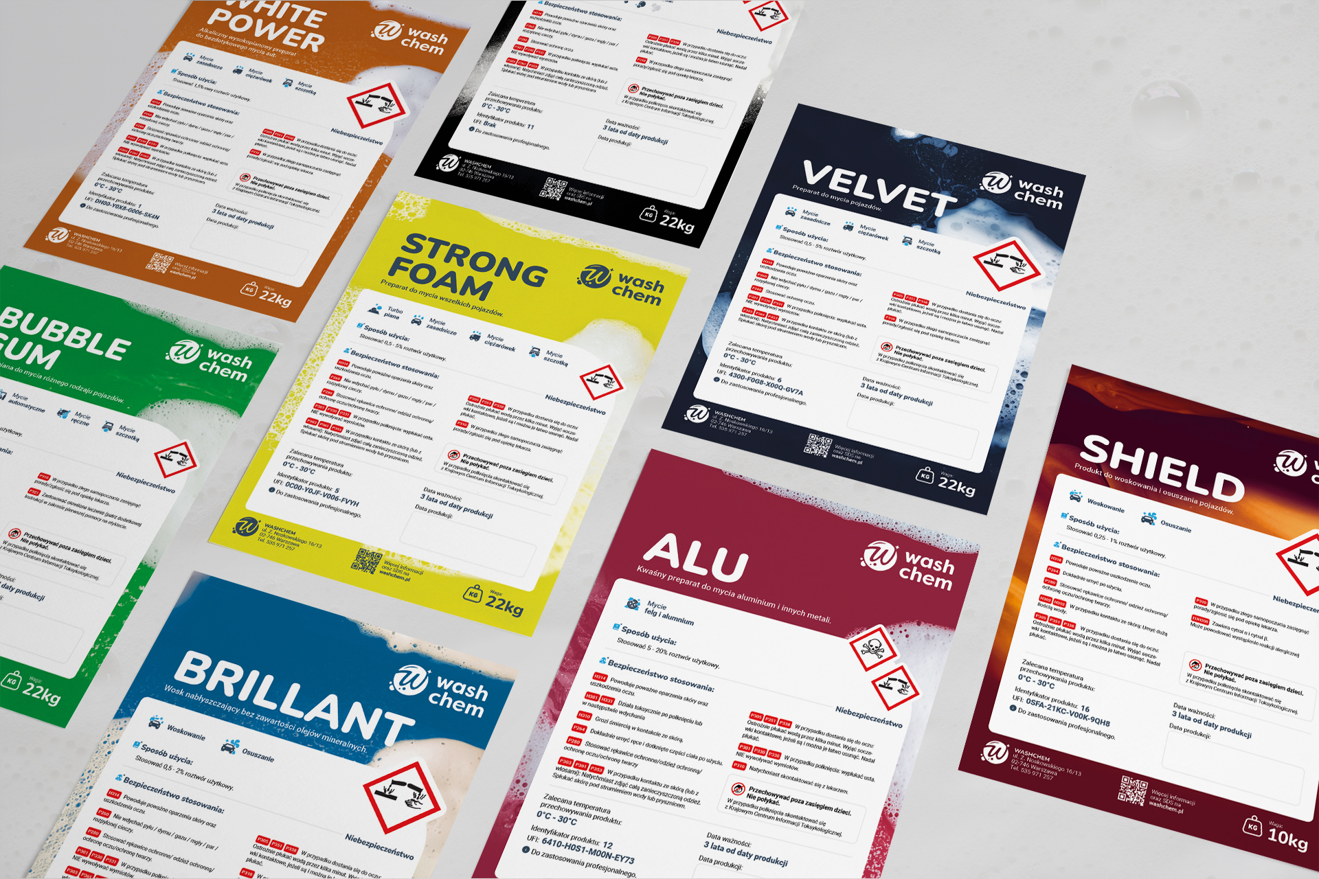 Washchem product labels in different colours for car wash chemicals