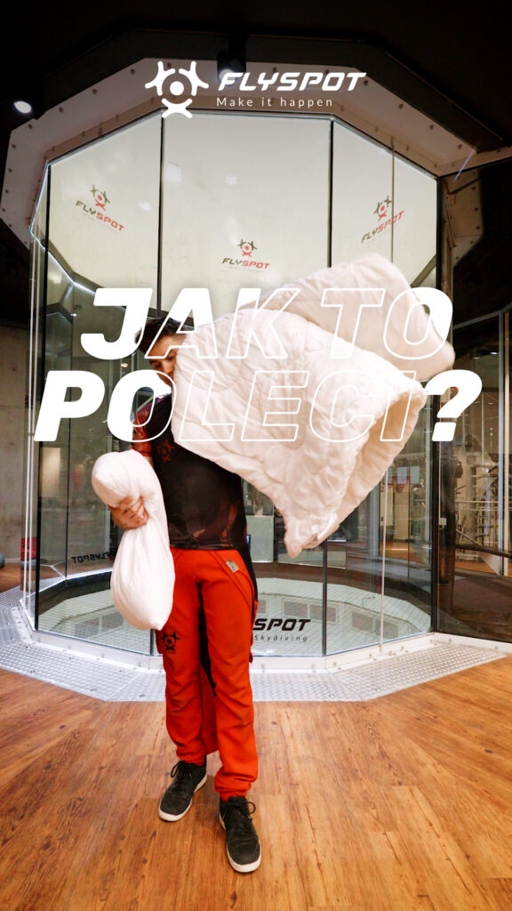 "Jak to poleci?" video cover: a man holding a duvet in front of the Flyspot wind tunnel