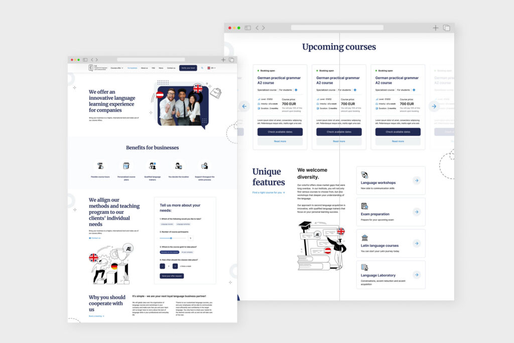 LcL website pages with upcoming courses and unique features