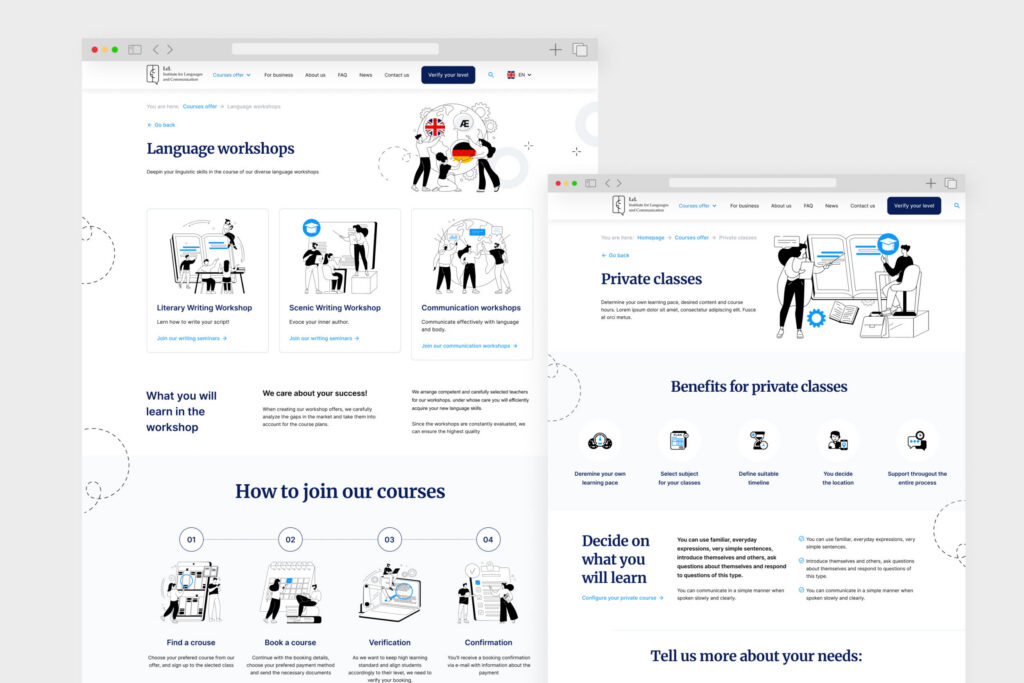 LcL language workshops and private classes pages with line illustrations