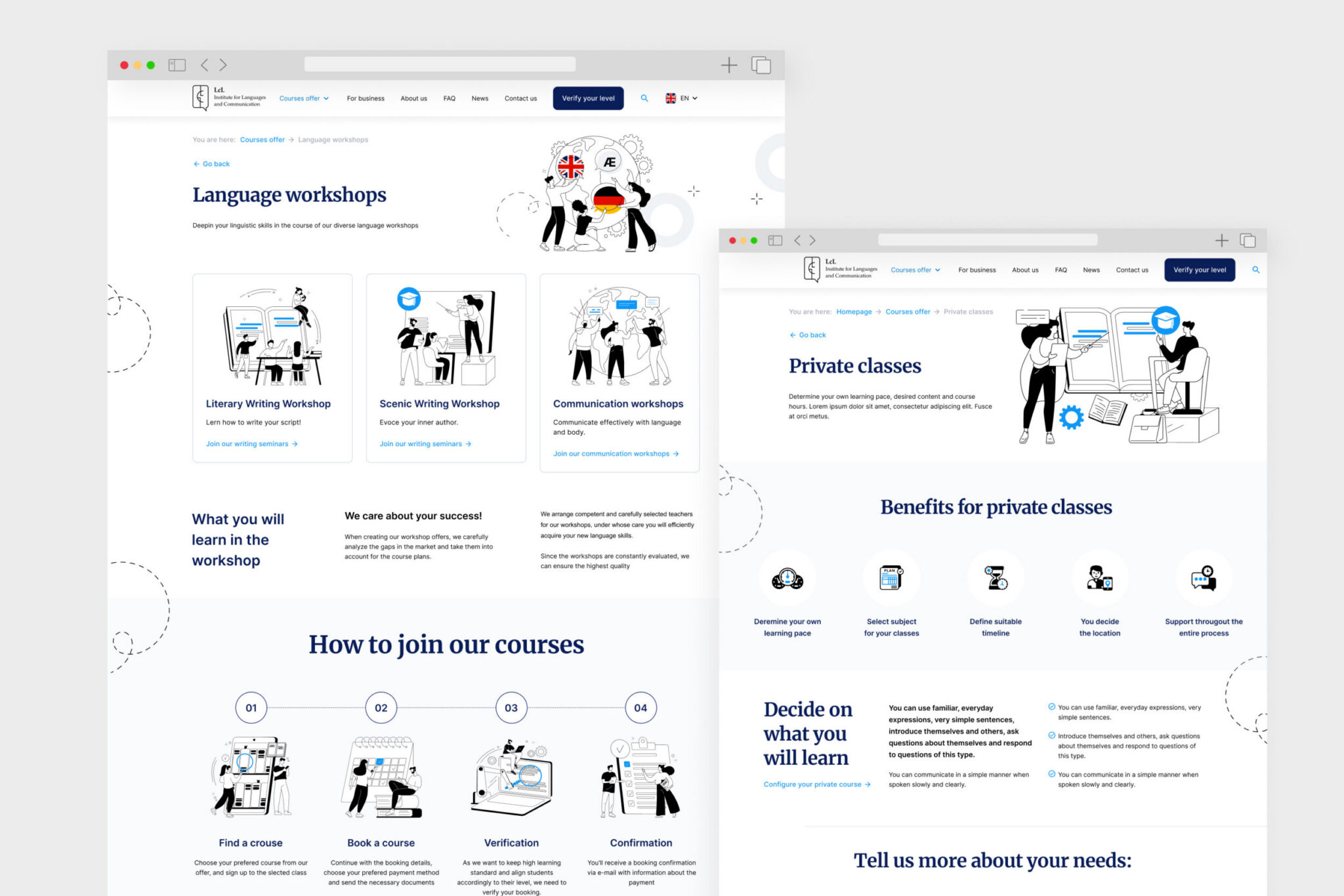 LcL language workshops and private classes pages with line illustrations